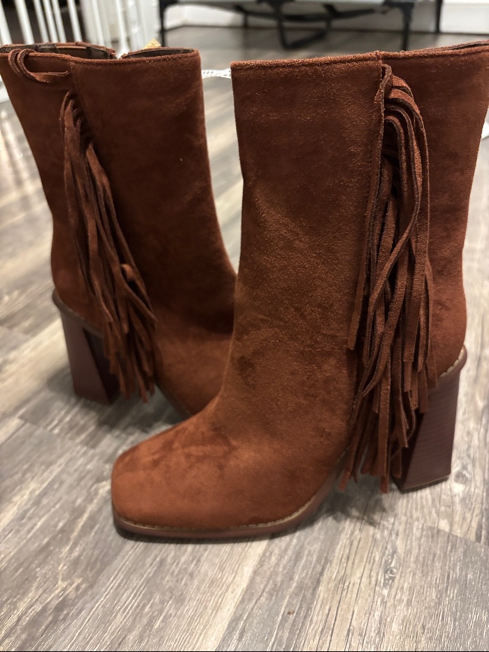 New York & Company Rust Brown Suede Fringe Block Heel Ankle Boots - Picture 3 of 3